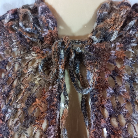 Express Womens Large Y2K Knit Hooded Poncho Open Weave Cable Earthy Metallic - Picture 3 of 15